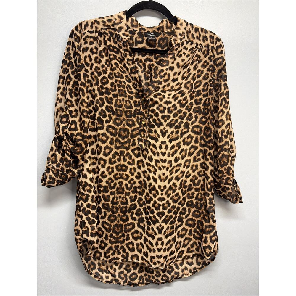 Rue 21 Women’s Top Blouse Roll Tab Sleeves Sheer Animal Print Size Medium